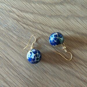 14k Gold Inlaid Gemstone Globe Earrings. Antique lapiz
